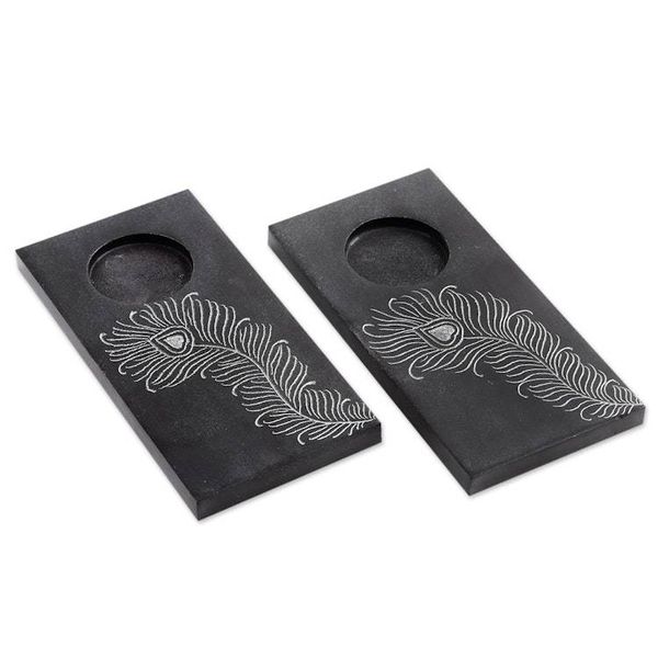Alternate image for Pair of Handcrafted Soapstone Tealight Holders from India Peacock Flame
