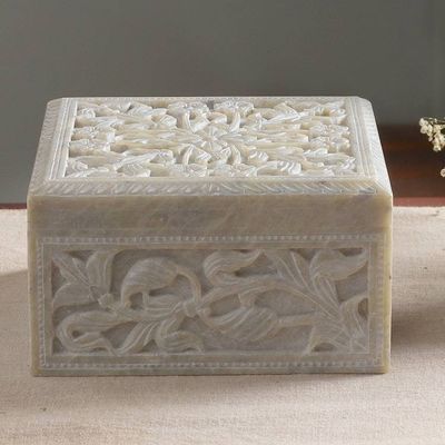 Alternate image for Hand-carved Natural Soapstone Decorative Box Wild Roses