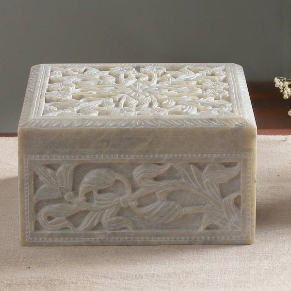 Alternate image for Hand-carved Natural Soapstone Decorative Box Wild Roses