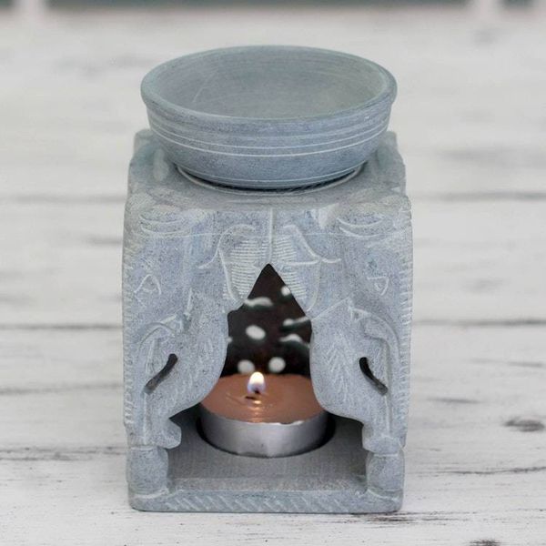 Alternate image for Oil Warmer Hand-carved of Soapstone Agra Elephants