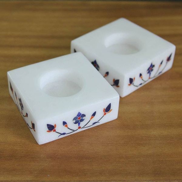 Alternate image for Square Marble Tealight Holder with Blue Blooming Buds Pair Blooming Buds in Blue