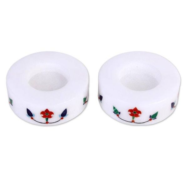 Alternate image for Pair of Marble Tealight Holders Handcrafted in India Floral Disc