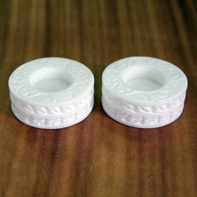 Alternate image for Round White Marble Tealight Holder with Engraved Vine Pair White Beauty