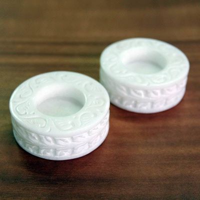 Alternate image for Round White Marble Tealight Holder with Engraved Vine Pair White Beauty
