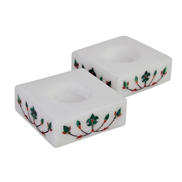 Alternate image for Square Marble Tealight Holders with Green Blooms Pair Blooming Buds in Green