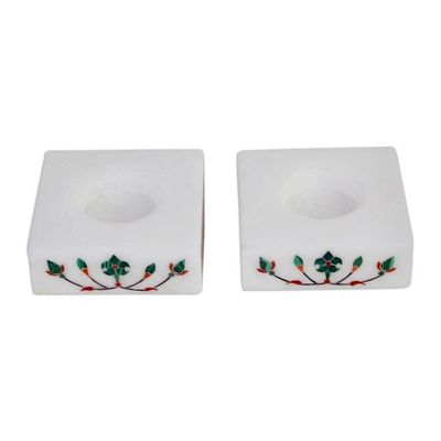 Alternate image for Square Marble Tealight Holders with Green Blooms Pair Blooming Buds in Green