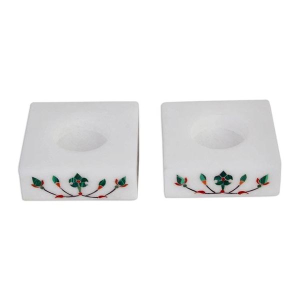 Alternate image for Square Marble Tealight Holders with Green Blooms Pair Blooming Buds in Green