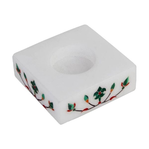 Alternate image for Square Marble Tealight Holders with Green Blooms Pair Blooming Buds in Green