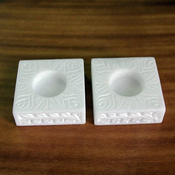 Alternate image for Square Marble Tealight Holder with Engraved Vines Pair White Garden