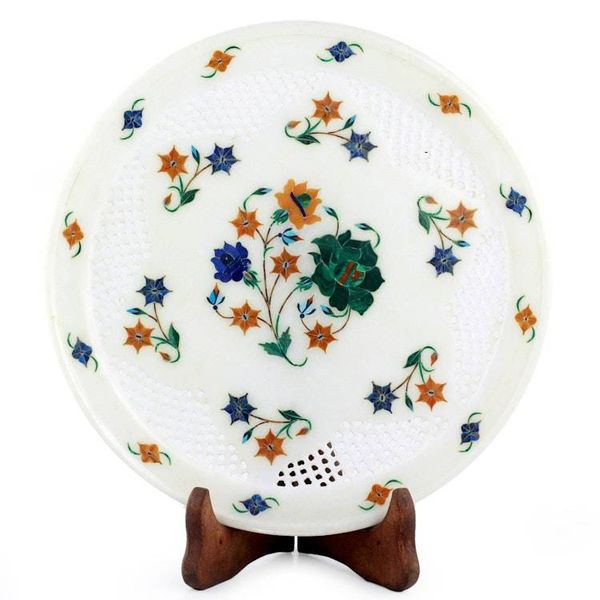 Alternate image for Indian Marble and Gemstone Inlay Plate and Stand Summer Bouquet