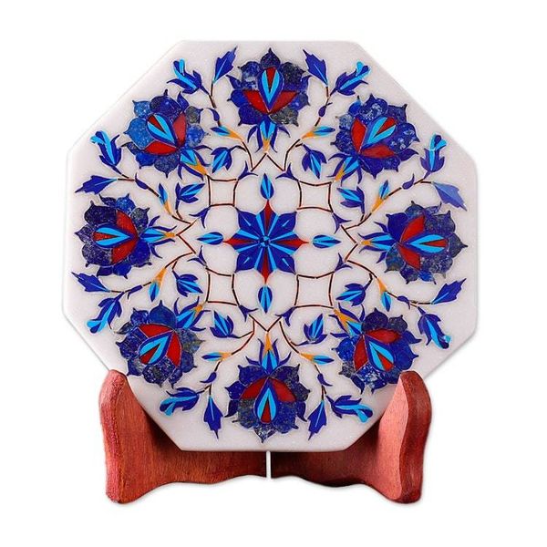 Alternate image for Marble Inlay Decorative Plate with Blue Floral Motifs Floral Imagination