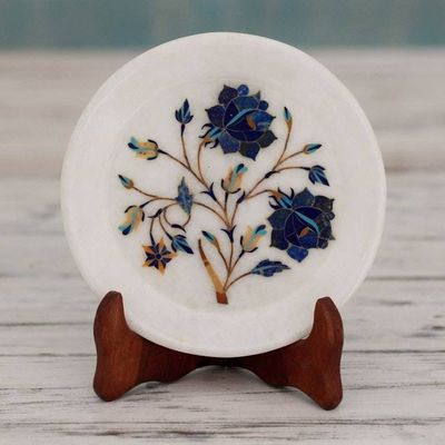Alternate image for Daisy Motif Marble Inlay Decorative Plate from India Blue Daisies