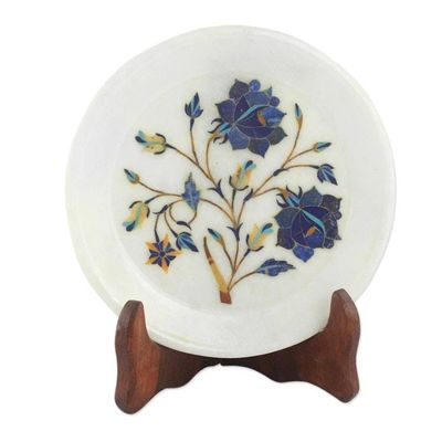 Alternate image for Daisy Motif Marble Inlay Decorative Plate from India Blue Daisies