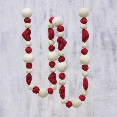 Alternate image for Wool Felt Holiday Heart Garland in Red and Ivory Hearts and Baubles