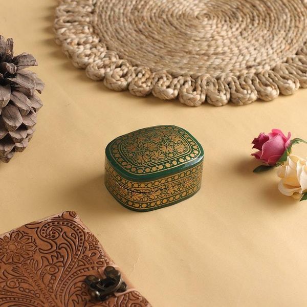Alternate image for Green and Gold Papier Mache Decorative Box from India Graceful Viridescence