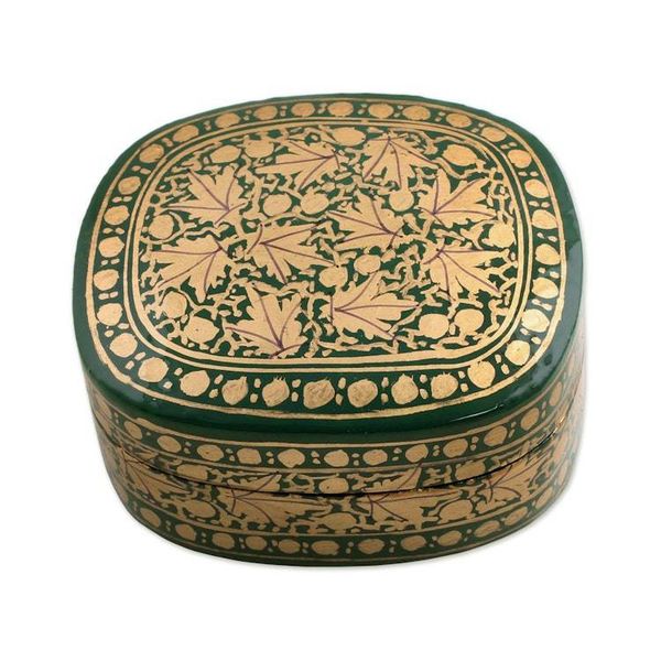 Alternate image for Green and Gold Papier Mache Decorative Box from India Graceful Viridescence