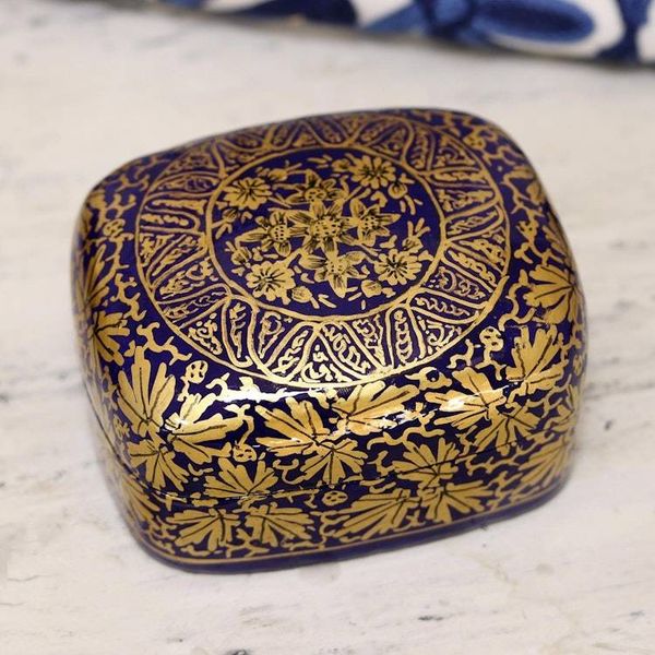 Alternate image for Handmade Blue Papier Mache Golden Floral Decorative Box Blue Golden Bouquet