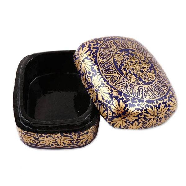 Alternate image for Handmade Blue Papier Mache Golden Floral Decorative Box Blue Golden Bouquet