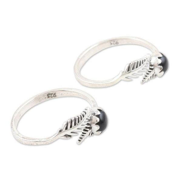 Alternate image for Black Onyx and Sterling Silver Toes Rings Pair Midnight Feathers