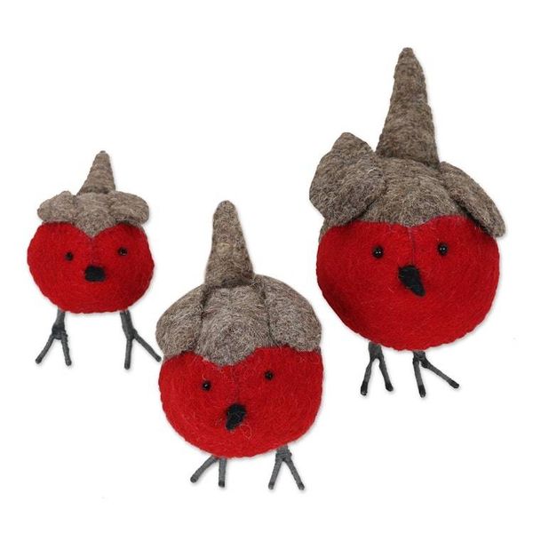 Alternate image for Set of 3 Wool Felt Finches with Glass Bead Eyes Rockin Robins