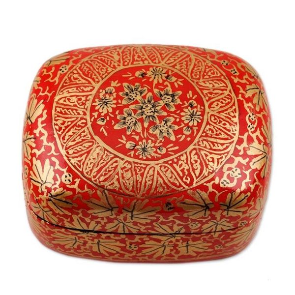 Alternate image for Handmade Red Papier Mache Golden Floral Decorative Box Red Golden Bouquet