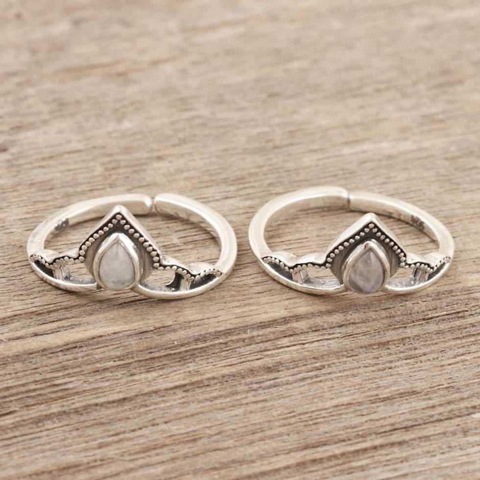Sterling Silver and Rainbow Moonstone Toe Rings Pair 'Mythic Crown'