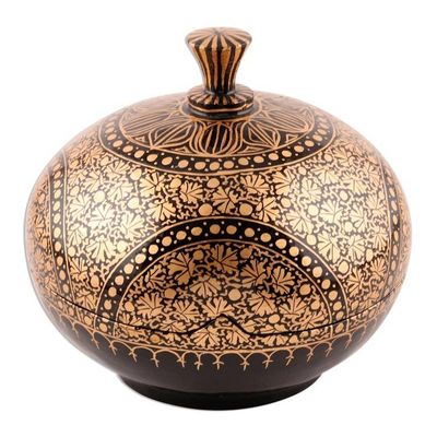 Alternate image for Handmade Papier Mache Box with Leaf Motif 5 Inch Kashmir Distinction