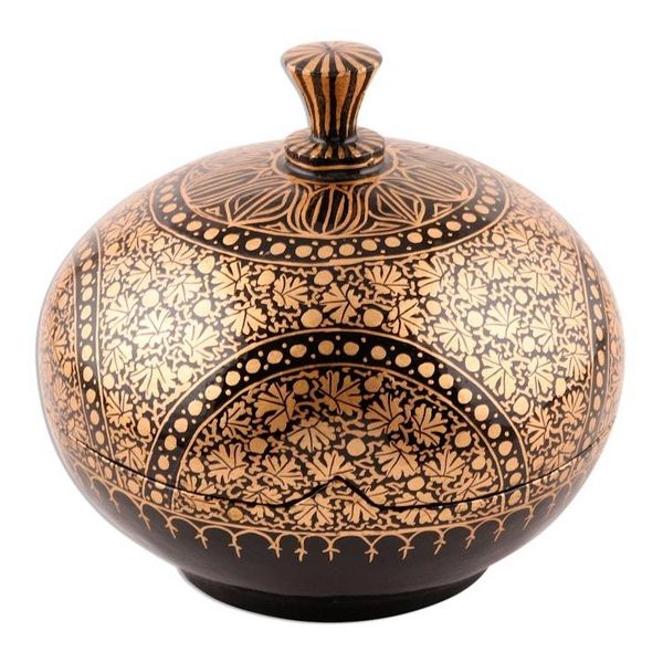 Alternate image for Handmade Papier Mache Box with Leaf Motif 5 Inch Kashmir Distinction