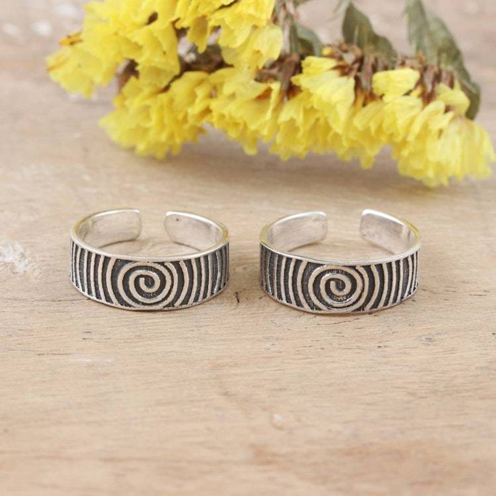 Set of 2 Bohemian Style Sterling Silver Toe Rings from India 'Spiral Style'