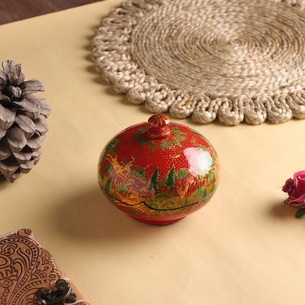 Alternate image for Hand-Painted Red Papier Mache Decorative Box from India Jungle Scene in Red