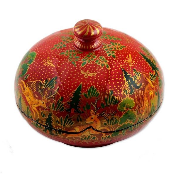 Alternate image for Hand-Painted Red Papier Mache Decorative Box from India Jungle Scene in Red