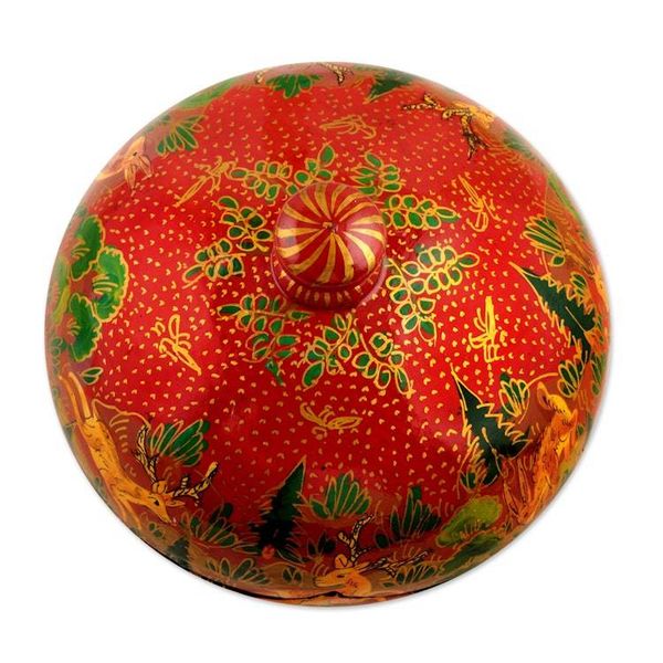 Alternate image for Hand-Painted Red Papier Mache Decorative Box from India Jungle Scene in Red
