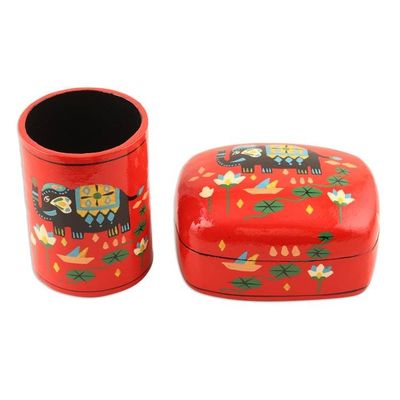 Alternate image for Papier Mache Elephant-Motif Pen Holder Tale of the River