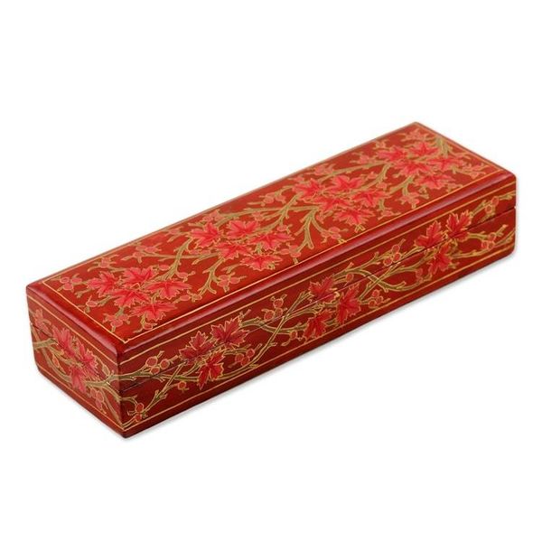 Alternate image for Decorative Papier Mache Box with Leaf Motif Chinar Pride in Red