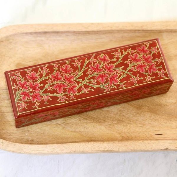 Alternate image for Decorative Papier Mache Box with Leaf Motif Chinar Pride in Red