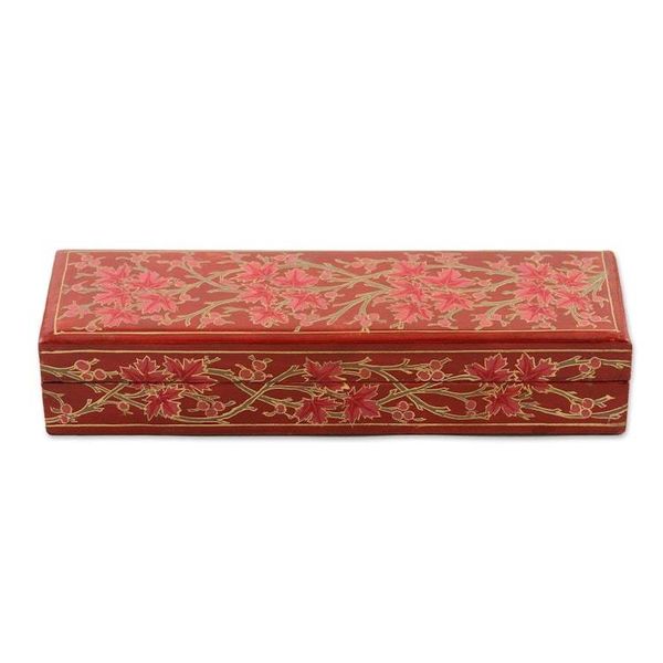 Alternate image for Decorative Papier Mache Box with Leaf Motif Chinar Pride in Red