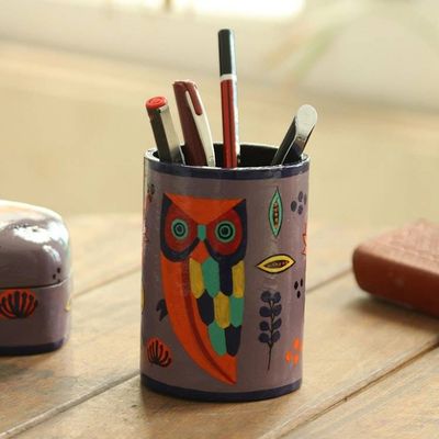 Alternate image for Hand Painted Papier Mache Pen Holder Owl Story in Dusty Lavender