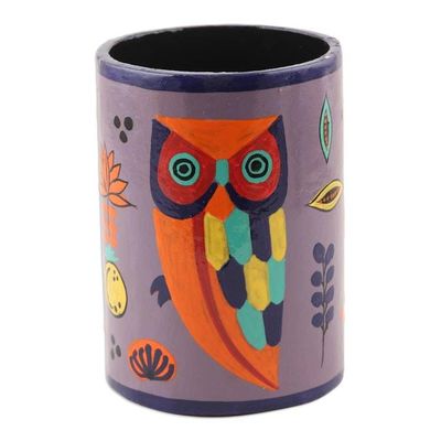 Alternate image for Hand Painted Papier Mache Pen Holder Owl Story in Dusty Lavender