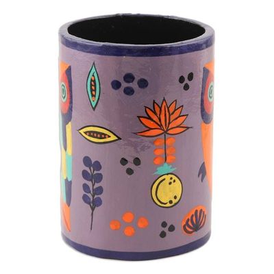 Alternate image for Hand Painted Papier Mache Pen Holder Owl Story in Dusty Lavender