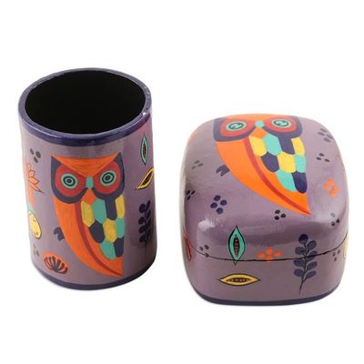 Alternate image for Hand Painted Papier Mache Pen Holder Owl Story in Dusty Lavender