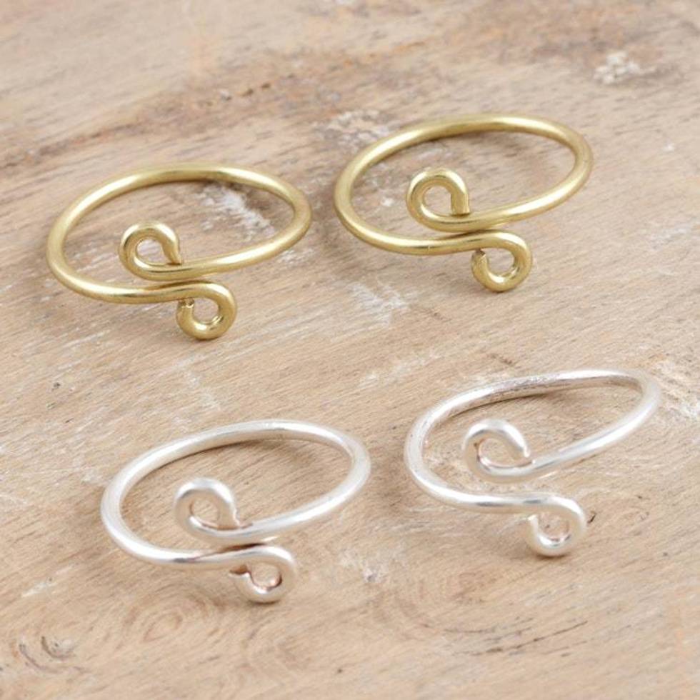 Handcrafted Sterling Silver and Brass Toe Rings Set of 4 'Here and There'