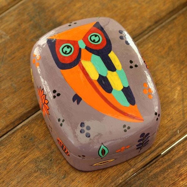 Alternate image for Hand Painted Owl-Themed Decorative Box Owl Story in Dusty Lavender