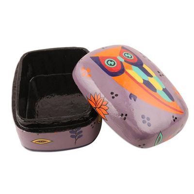 Alternate image for Hand Painted Owl-Themed Decorative Box Owl Story in Dusty Lavender