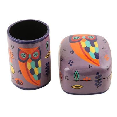 Alternate image for Hand Painted Owl-Themed Decorative Box Owl Story in Dusty Lavender