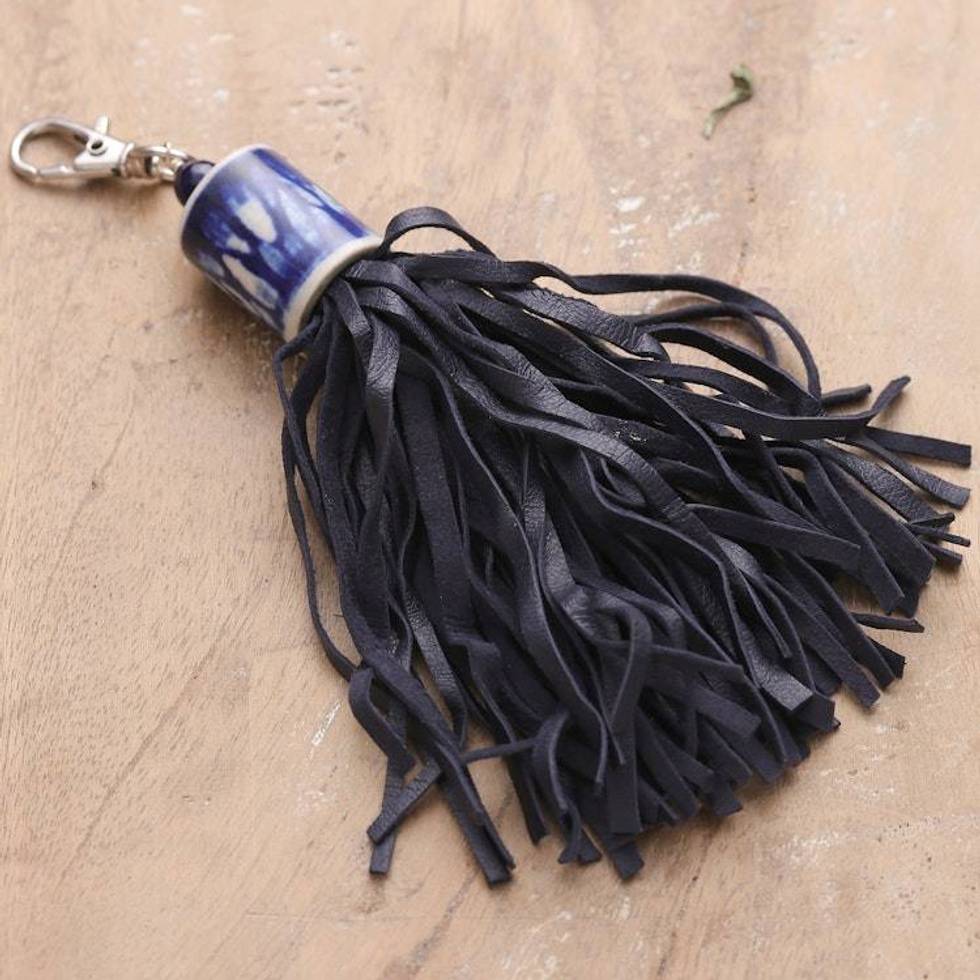 Handcrafted Black Leather and Blue Ceramic Keychain 'Fringed Drum'