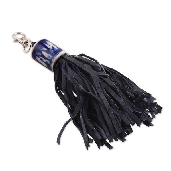 Alternate image for Handcrafted Black Leather and Blue Ceramic Keychain Fringed Drum