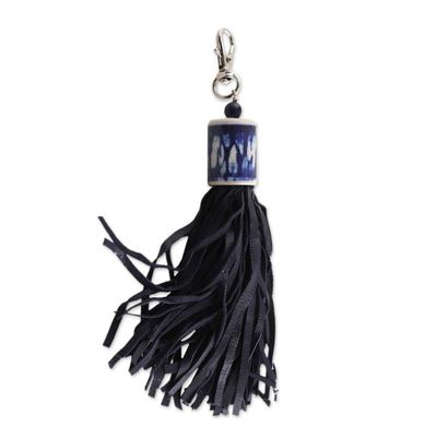 Alternate image for Handcrafted Black Leather and Blue Ceramic Keychain Fringed Drum
