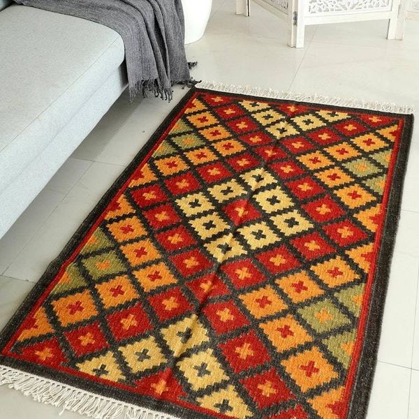 Alternate image for Indian Wool Area Rug with Diamond Pattern 3 x 5 Take Care