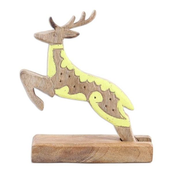 Alternate image for Hand-Carved Mango Wood Reindeer Sculpture with Yellow Tones Reindeer Dream