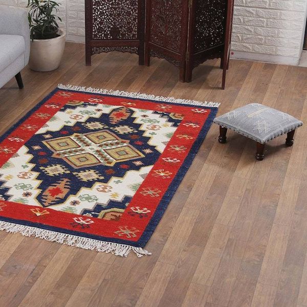 Alternate image for Classic Geometric Strawberry and Navy Wool Area Rug 4x6 Striking Symmetry